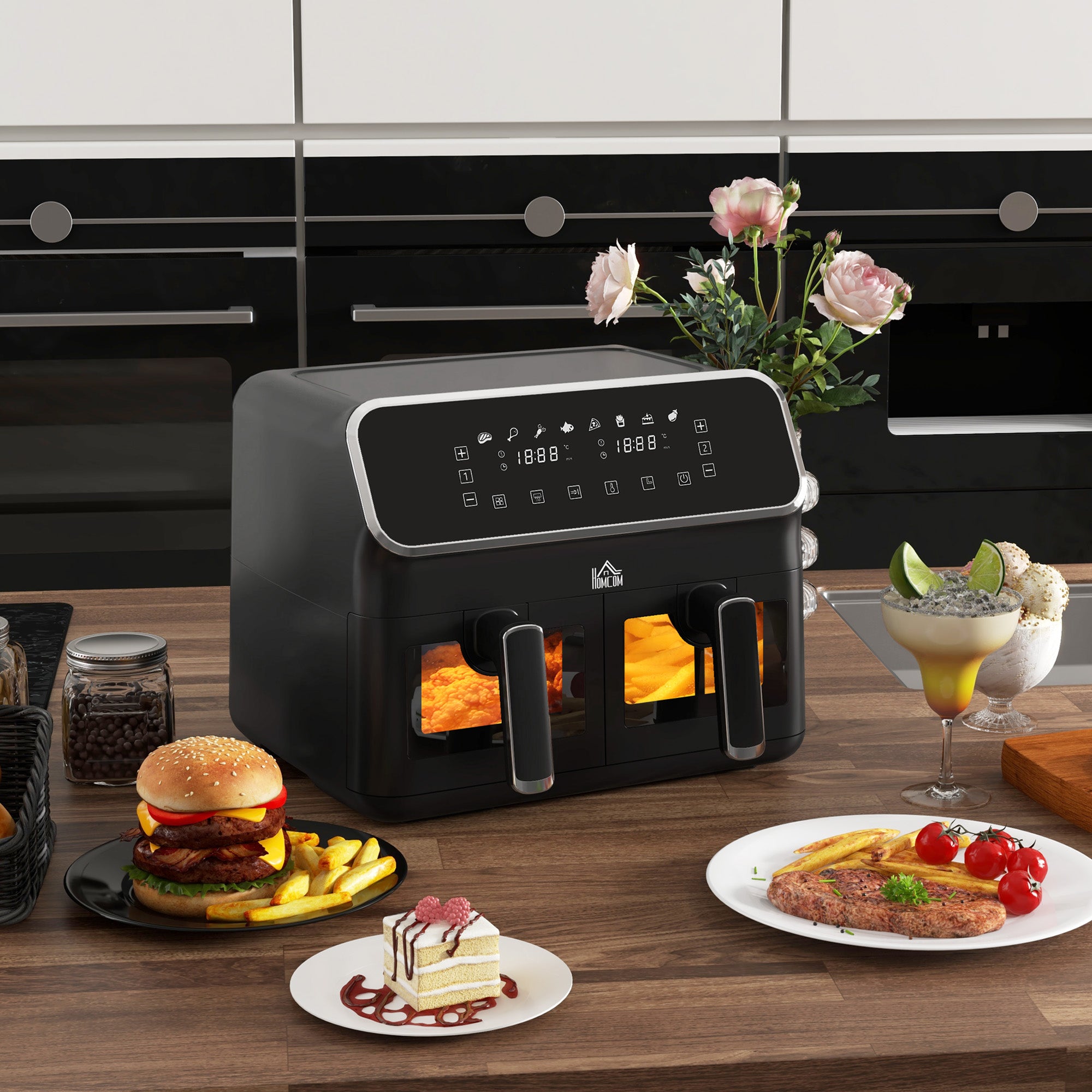 Dual Air Fryer, 8L Family Size Double Air Fryer Oven w/ 8-In-1 Presets, Smart Finish, Digital Display, Visual Window, Timer for Oil | HOMCOM