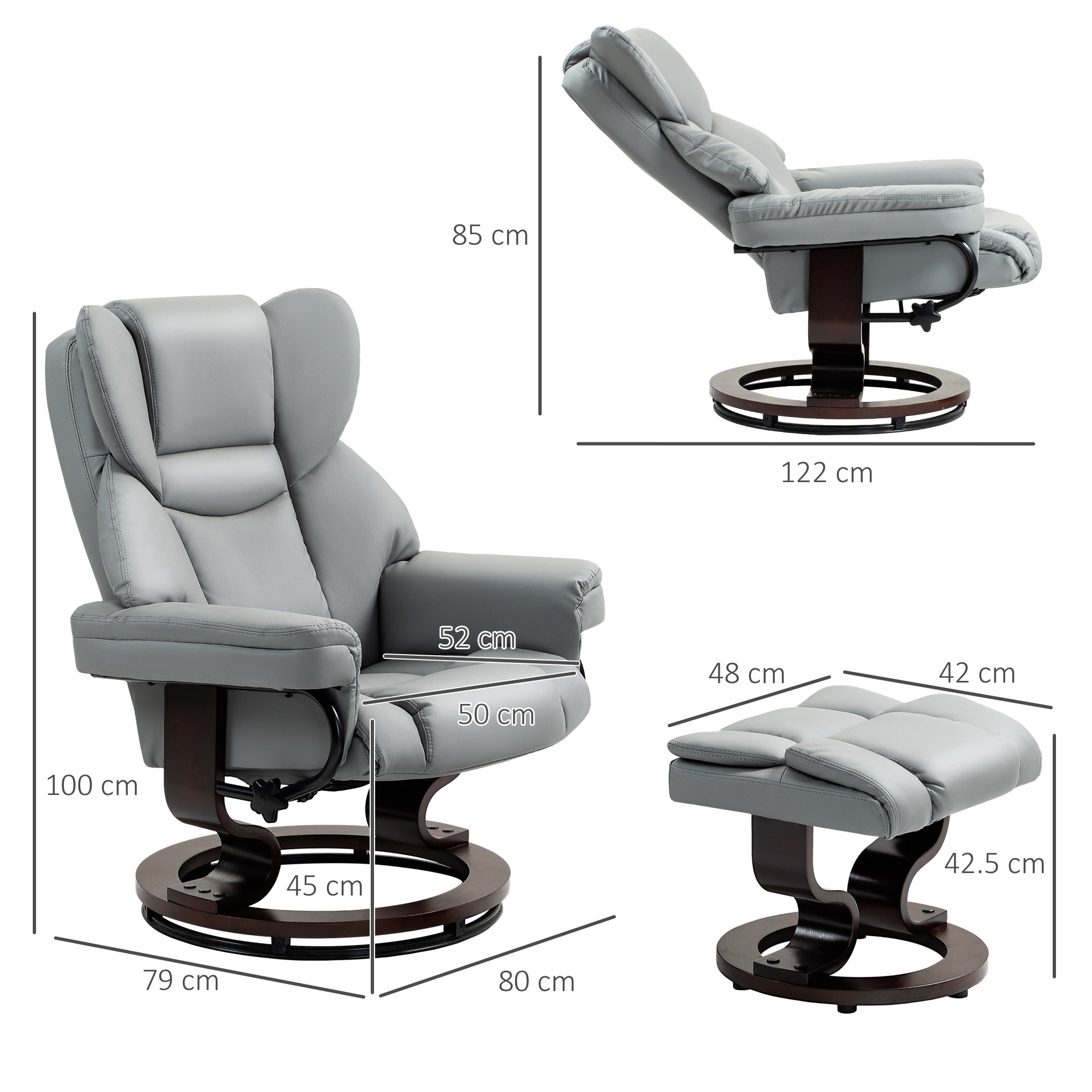 Faux Leather Recliner Chair and Footstool, Swivel Upholstered Armchair with Adjustable Backrest, Wood Base in Light Grey by HOMCOM