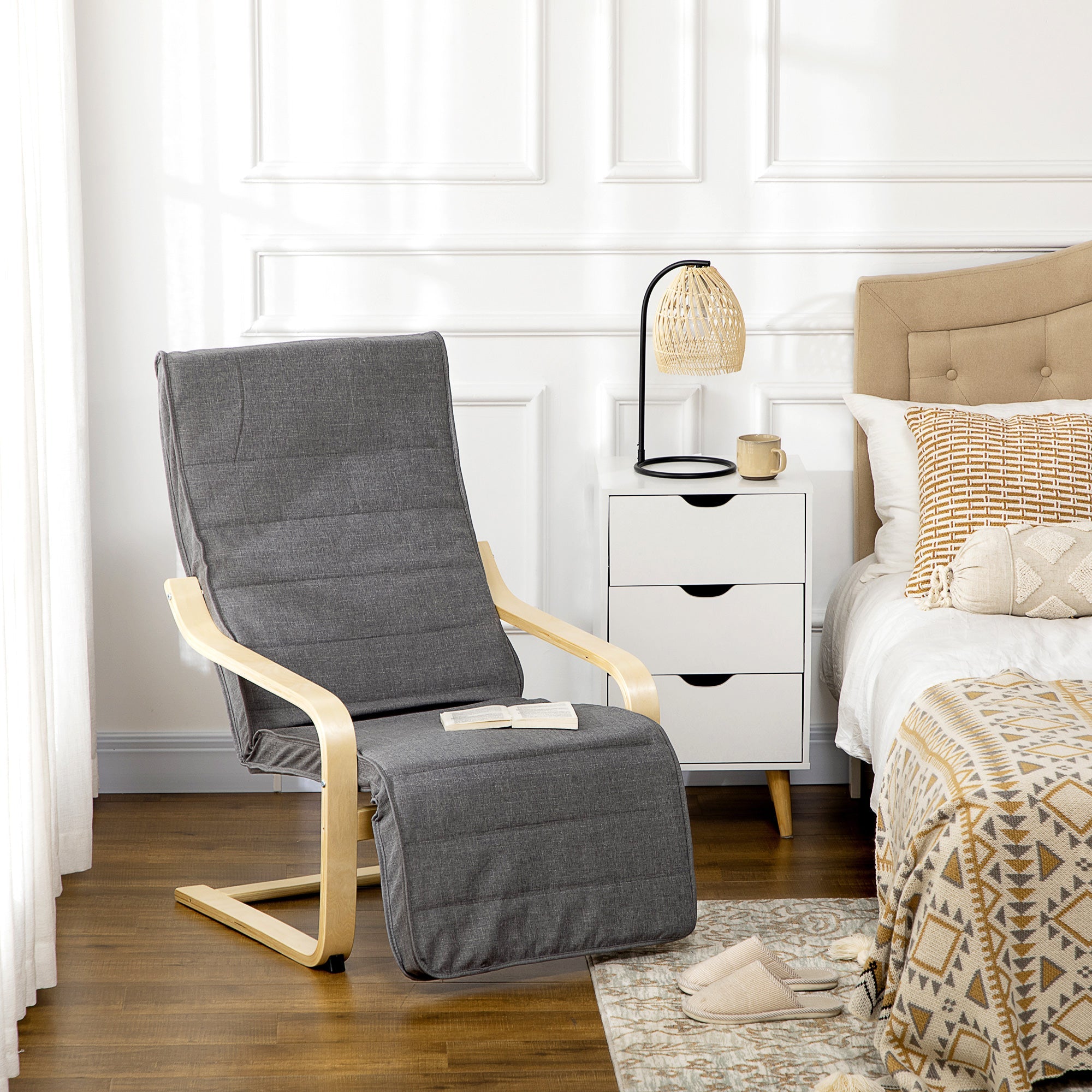Wooden Lounging Chair with Adjustable Footrest for Ultimate Comfort - Dark Grey
