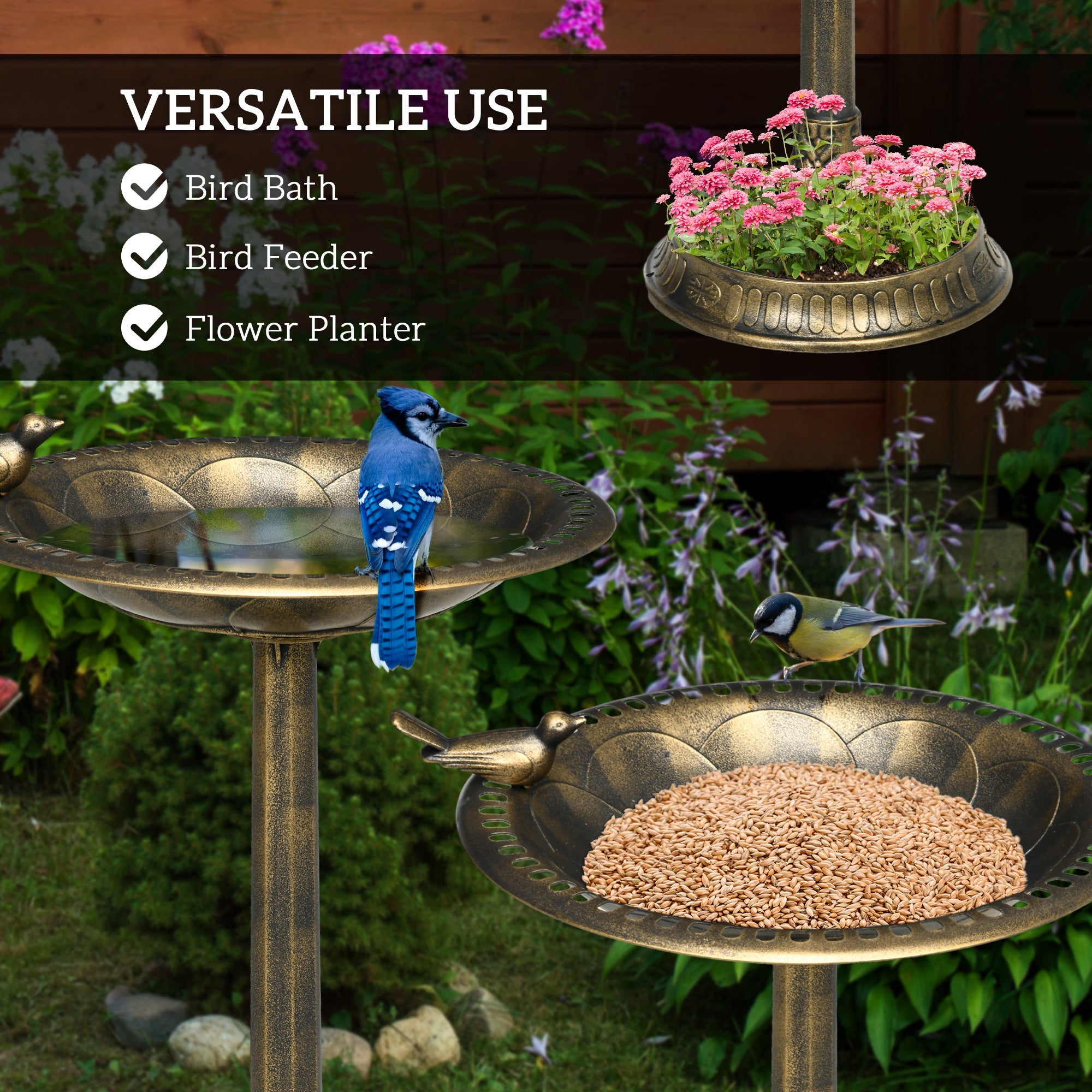 72cm Tall Antique Bird Bath for Garden, Vintage Style Birdbath with Bird Decoration and Flower Planter Base, Bird Bath Bowl for Outdoor, Bronze Tone