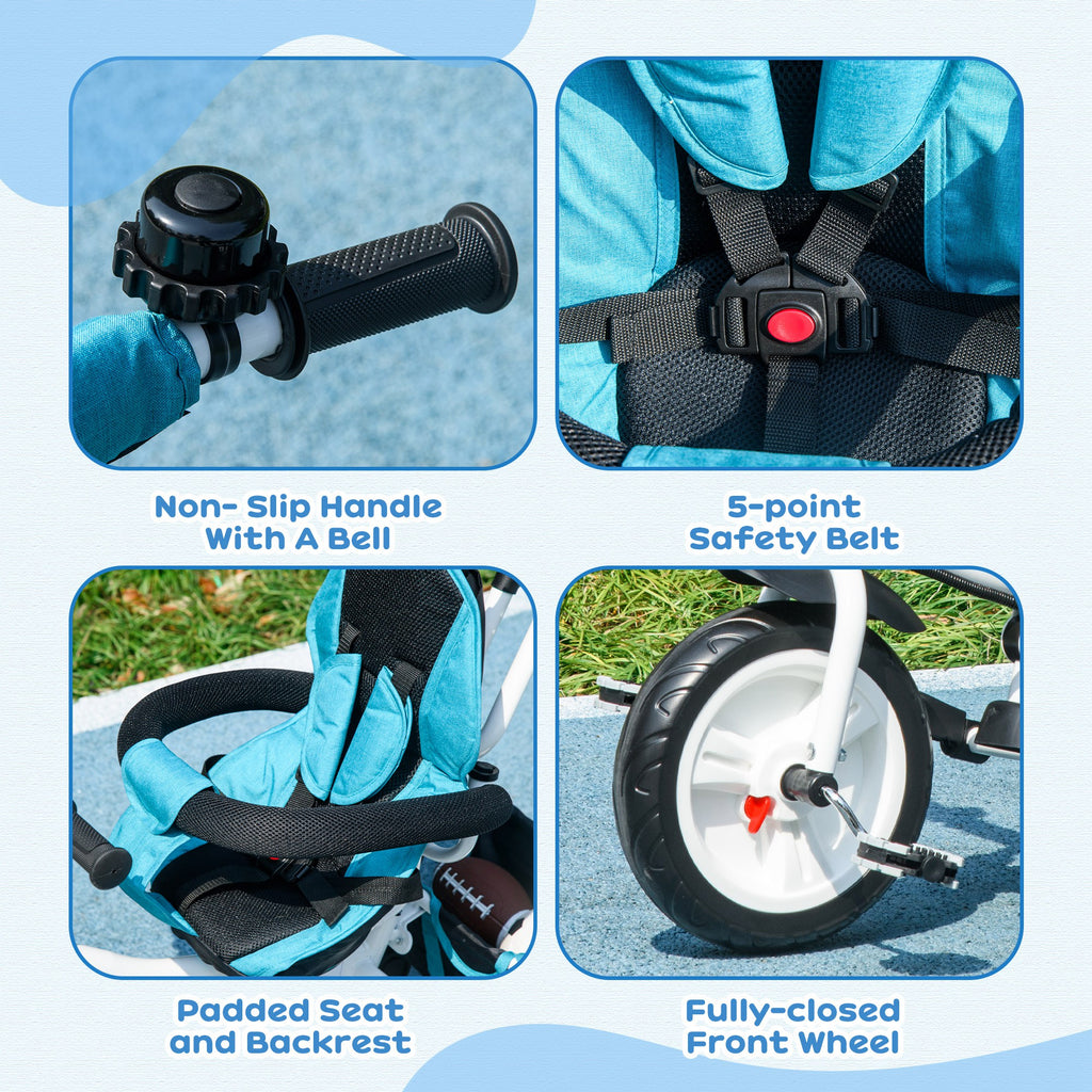 4 in 1 Kids Trike Push Bike with Handle, Canopy, Safety Belt, Footrest and Brake for 1-5 Year olds in Blue | HOMCOM