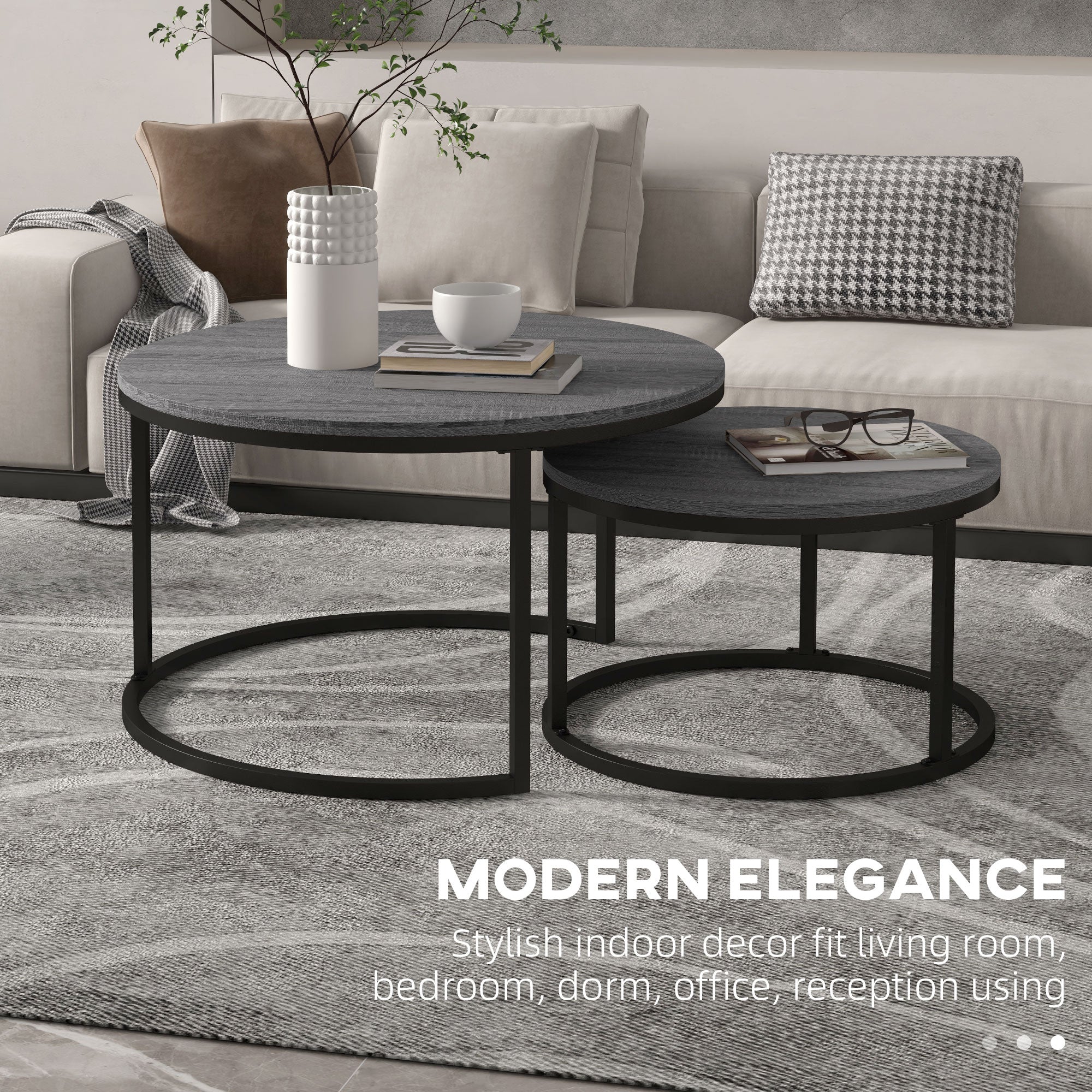 Industrial Nesting Coffee Table Set of 2, Round Coffee Tables, Living Room Table with Wood Effect Top and Steel Frame | HOMCOM
