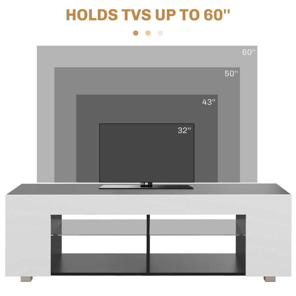 HOMCOM TV Stand, 145cm Modern TV Unit with Glass Shelves, RGB LED Light for 32 40 43 50 52 55 60 inch 4k TV in White