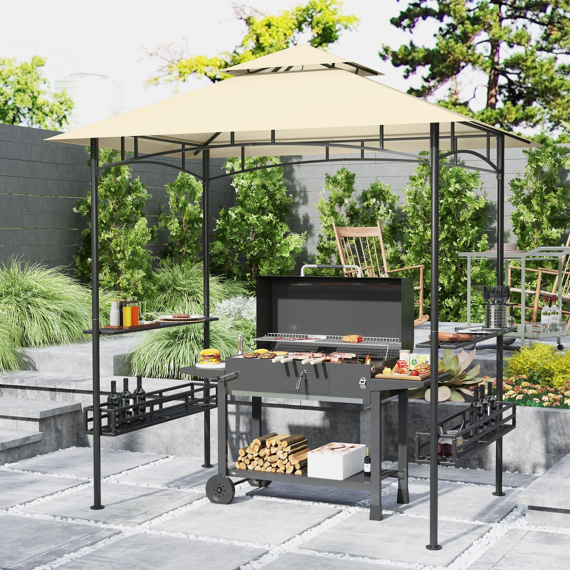 8 Foot Double Tiered BBQ Gazebo Canopy with Shelves and Storage - Beige