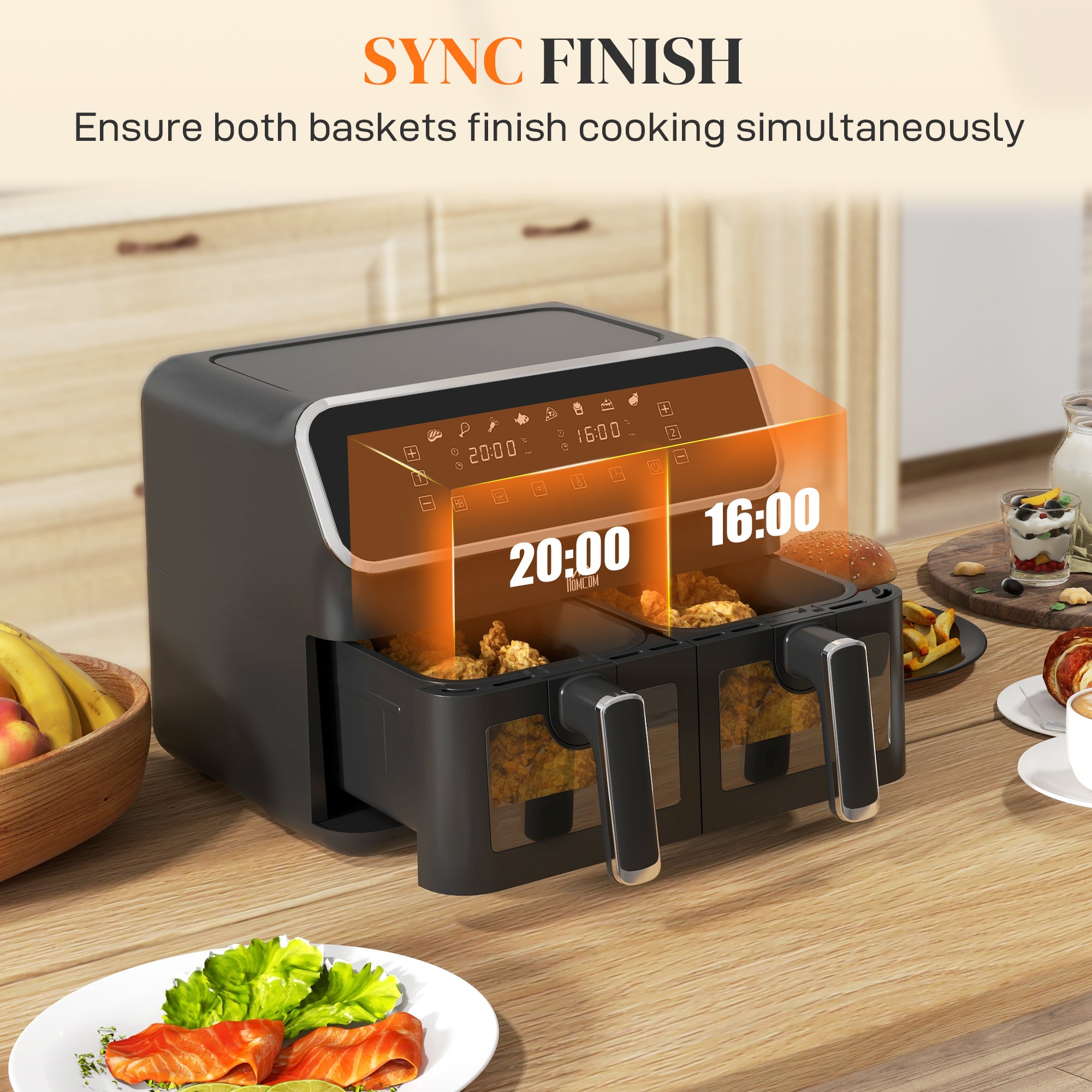 Dual Air Fryer, 8L Family Size Double Air Fryer Oven w/ 8-In-1 Presets, Smart Finish, Digital Display, Visual Window, Timer for Oil | HOMCOM