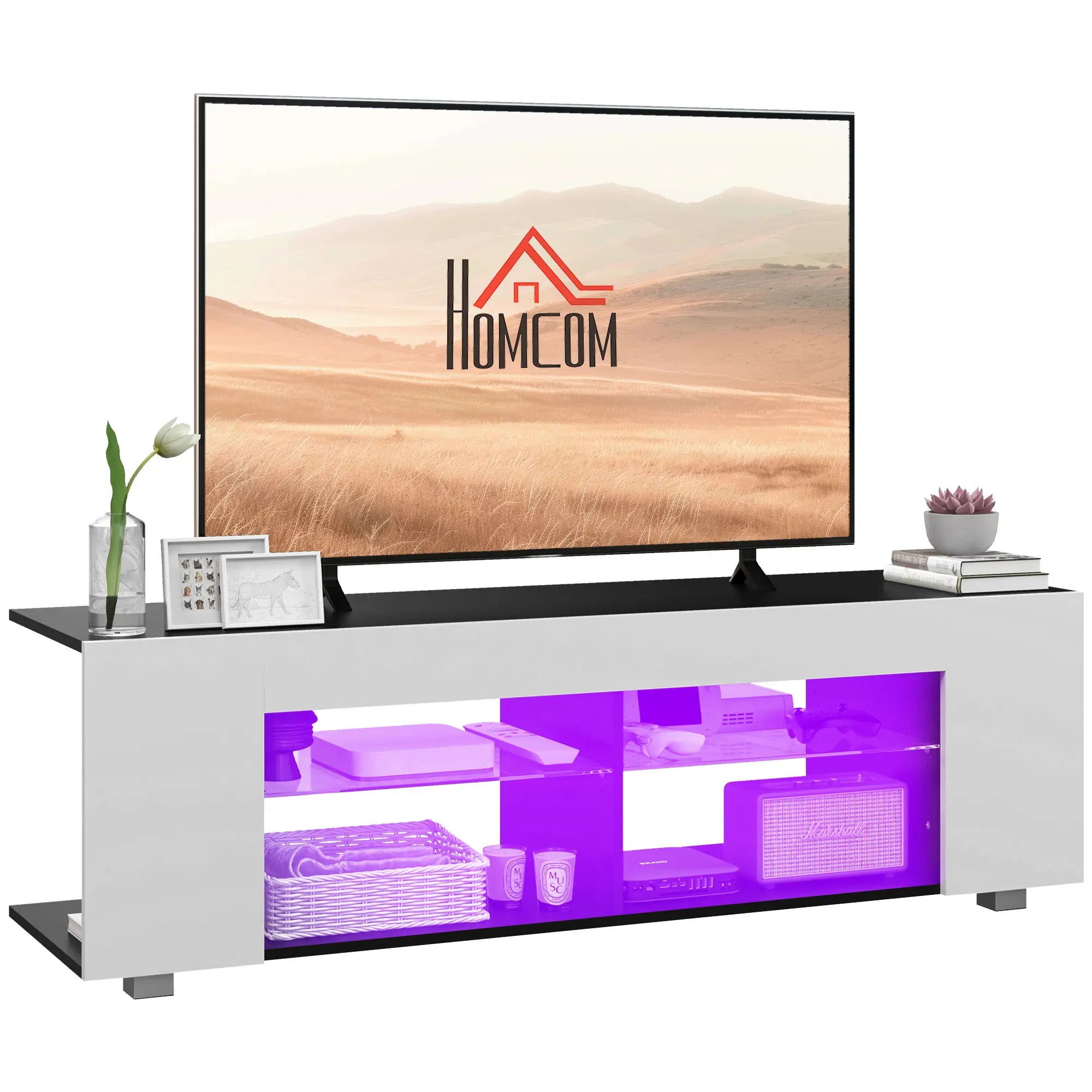 HOMCOM TV Stand, 145cm Modern TV Unit with Glass Shelves, RGB LED Light for 32 40 43 50 52 55 60 inch 4k TV in White