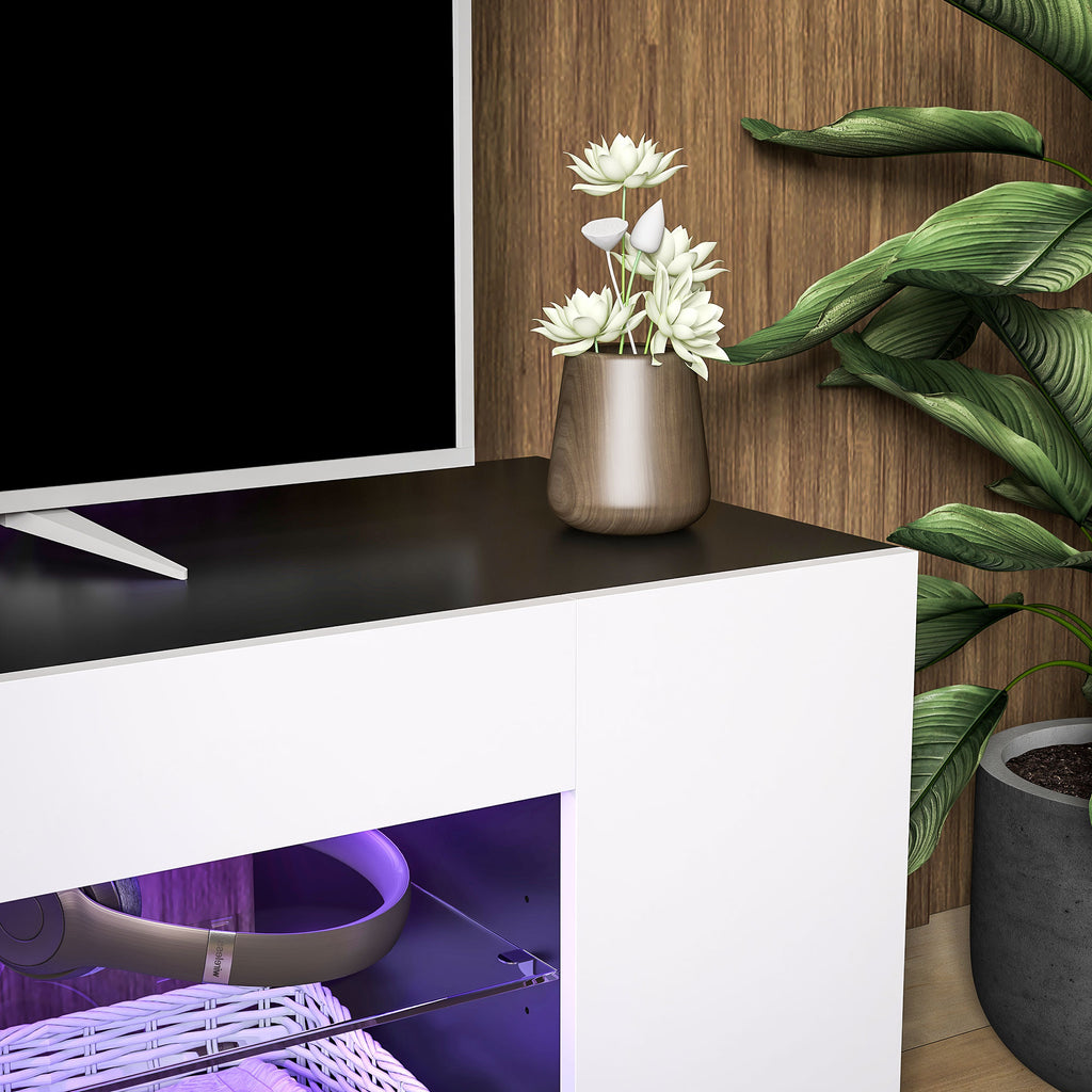 HOMCOM TV Stand, 145cm Modern TV Unit with Glass Shelves, RGB LED Light for 32 40 43 50 52 55 60 inch 4k TV in White