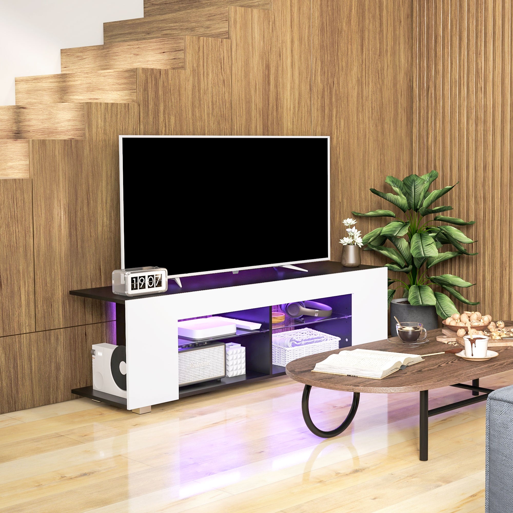 HOMCOM TV Stand, 145cm Modern TV Unit with Glass Shelves, RGB LED Light for 32 40 43 50 52 55 60 inch 4k TV in White